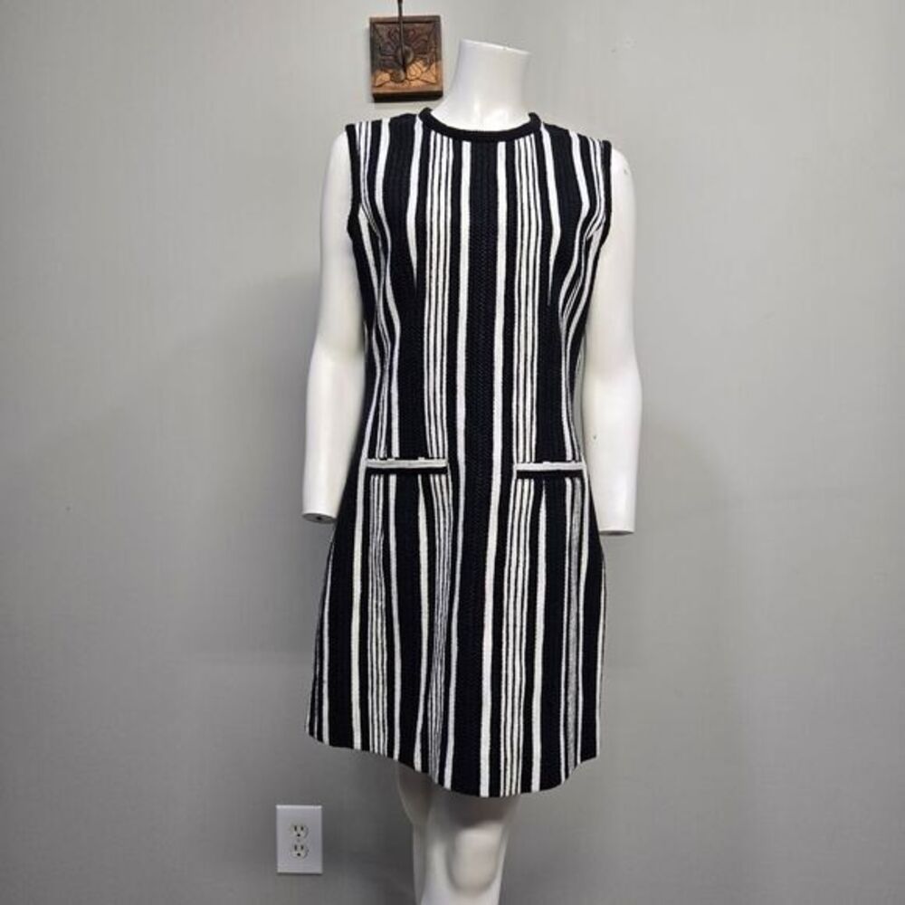 Carven Mini Dress EU 42 US 12 Black White Stripe Tweed Mod Go-go Retro 60 Luxury